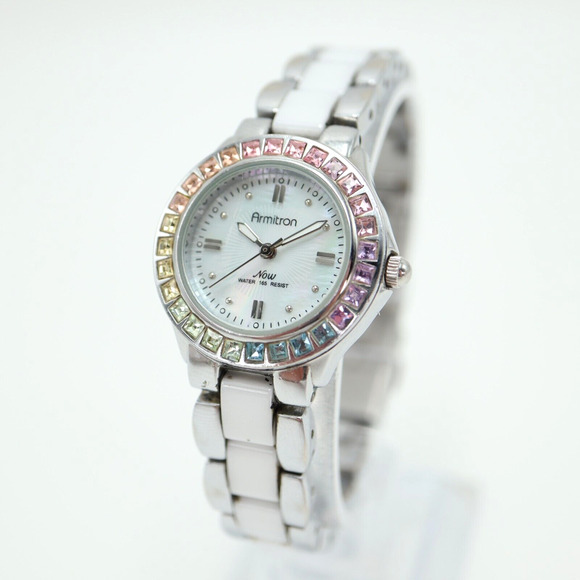 Armitron Now Watch Women 27mm MOP Silver Tone Rainbow Pave Bling w New Battery - Picture 1 of 16